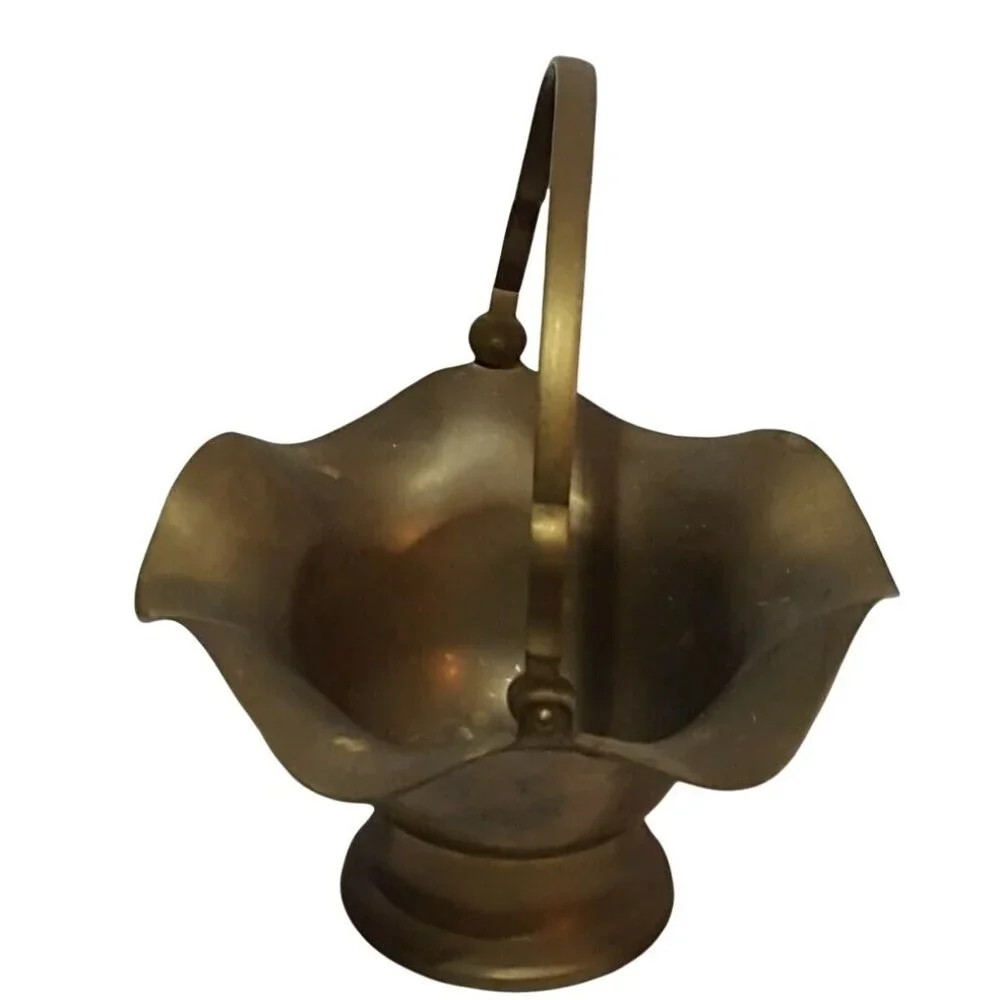 Vintage Solid‎ Brass Basket With Handle Ruffled Edge 8